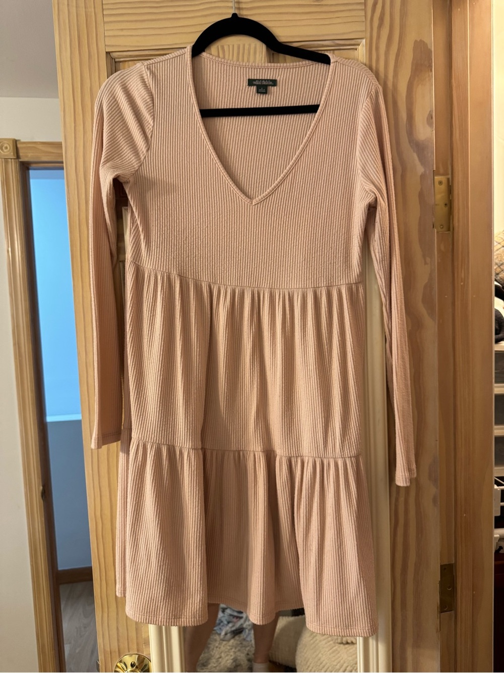 wild fable Dusty Rose Ribbed V-Neck Long Sleeve Tiered Dress